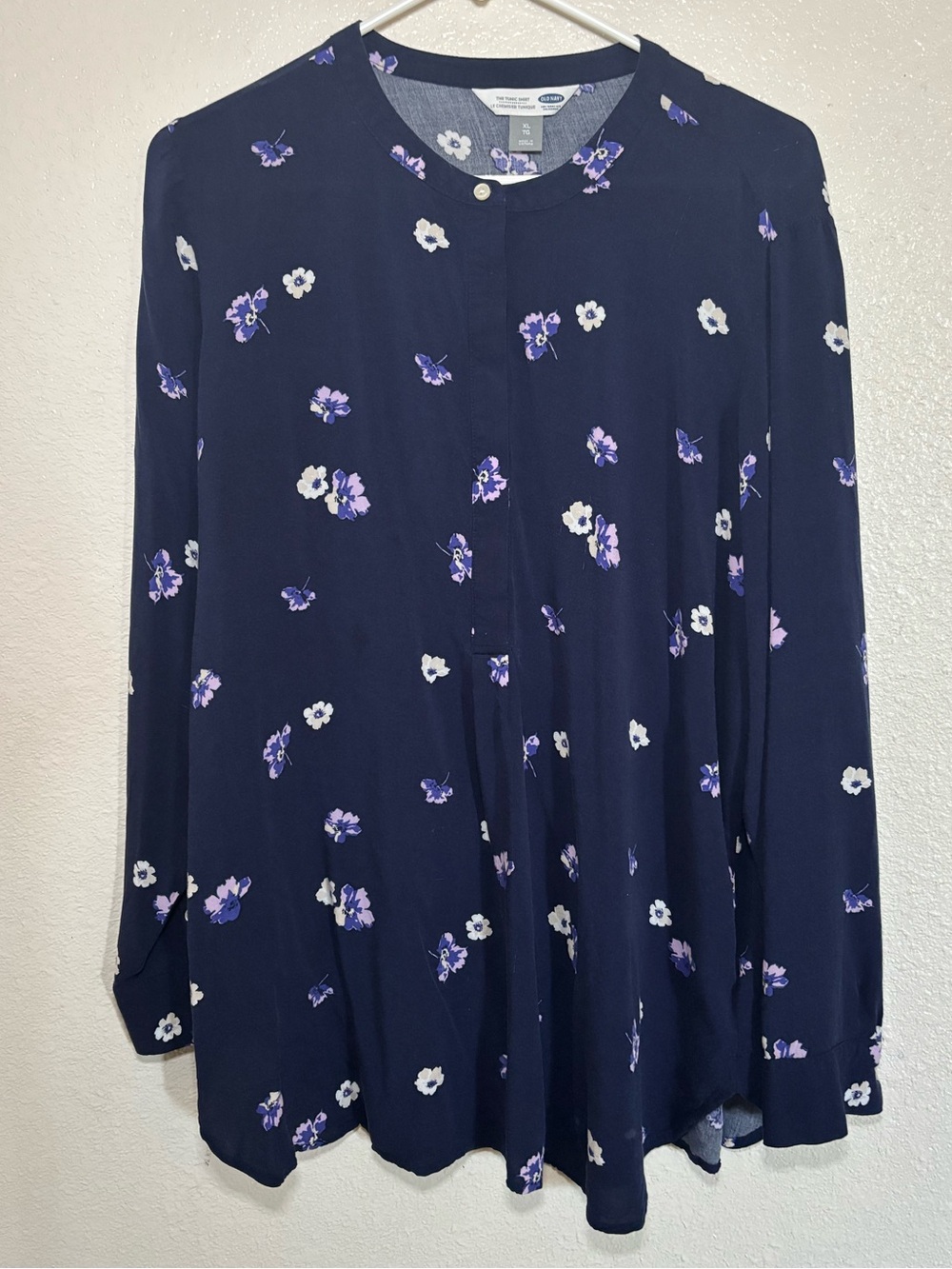 Old Navy Women's Small Navy Blue Floral Popover Tunic Long Sleeve Blouse Top
